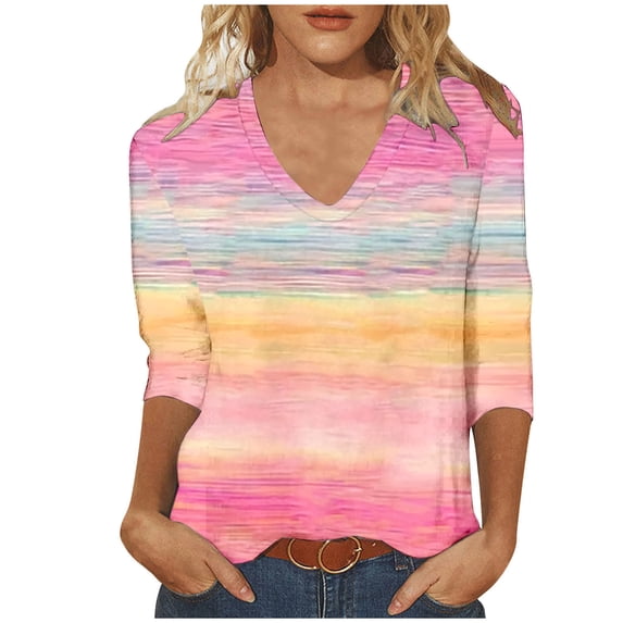 CLOISE 3/4 Sleeve Tops Women Plus Size Shirts Loose Striped V Neck Pullover Trendy Fall Clothes Hot Pink 3XL