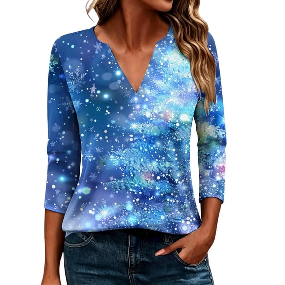 CLOISE 3/4 Sleeve Tops for Women Plus Size Christmas Snowflake V Neck Pullover Tee Shirts Slim Cute Holiday Travel Clothes M