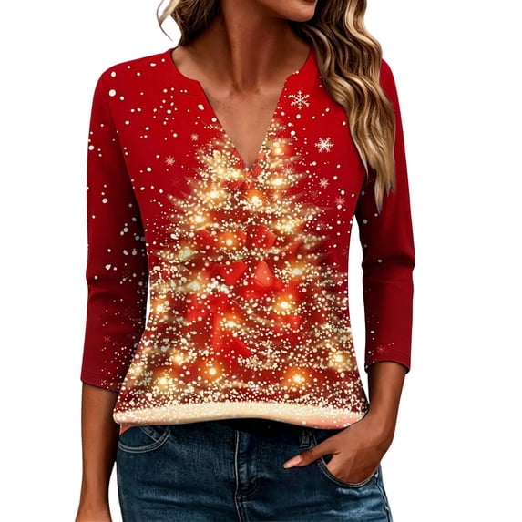 CLOISE 3/4 Sleeve Tops for Women Plus Size Christmas Tree V Neck Tee Shirts Pullover Slim Festive Holiday Travel Clothes XL