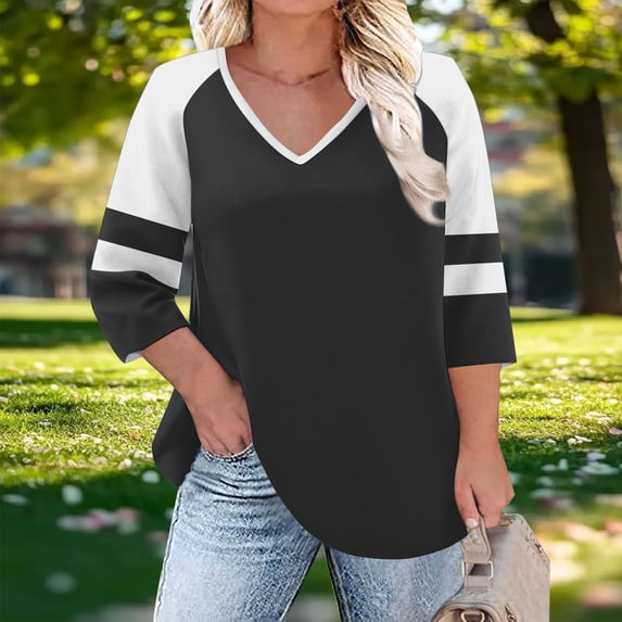CLOISE 3/4 Sleeve Tops for Women Plus Size Shirts Tunic V Neck Casual Pullover Color Block Loose Summer Blouses Black
