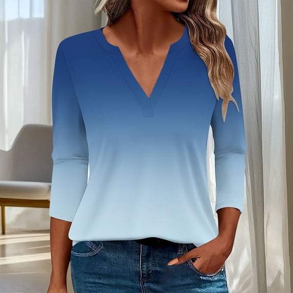 CLOISE 3/4 Sleeve Tops for Women Plus Size Shirts V Neck Casual Pullover Gradient Loose Summer Blouses Navy L