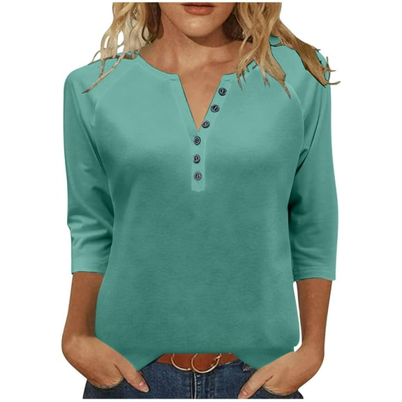 CLOISE 3/4 Sleeve Tops for Women Plus Size V Neck Shirt Button Solid Color Pullover Casual Fall Winter Clothes Green 2XL