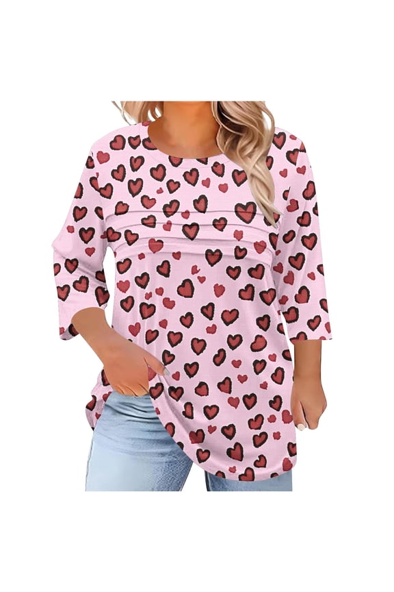 3/4 Sleeve Tops for Women with Crew Neck Shirts Ruched Leopard Pullover Pleated Trendy Fall Tunic Clothes for Work Pink 4XL