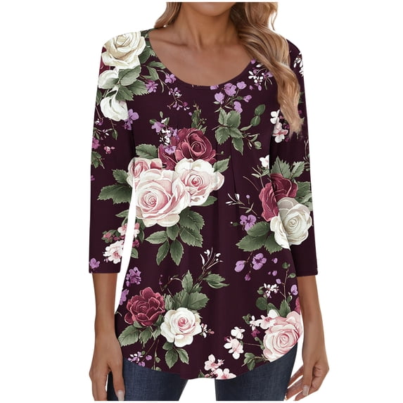 CLOISE 3/4 Sleeve Tops for Women with Crew Neck Shirts Ruched Loose Paw Pullover Pleated Trendy Fall Tunic Clothes Wine 2XL