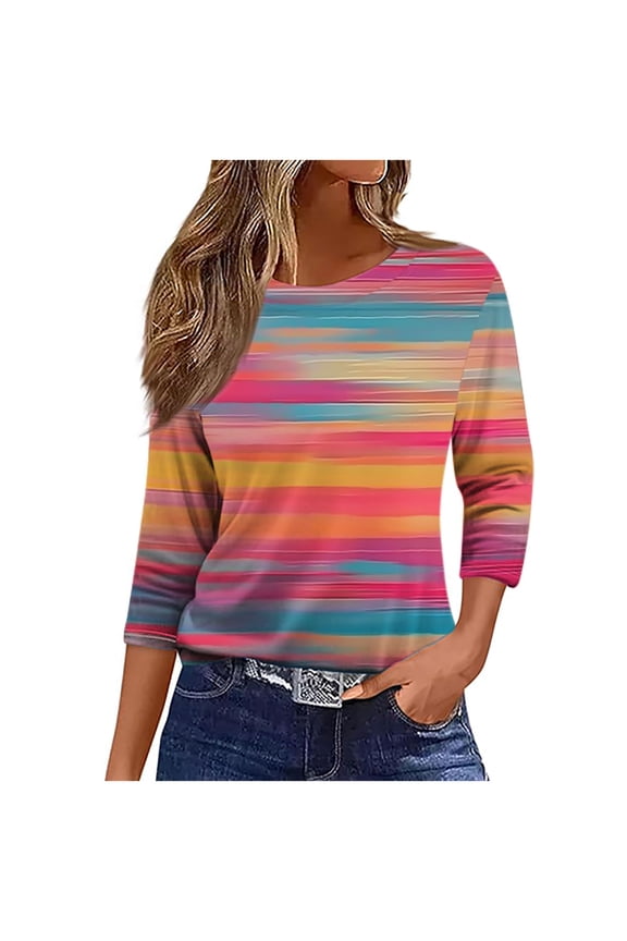 3/4 Zip Pullover Womens Plus Size Crew Neck Tops Graphic 3/4 Sleeve Shirt Cute Fall Winter Clothes Pink M