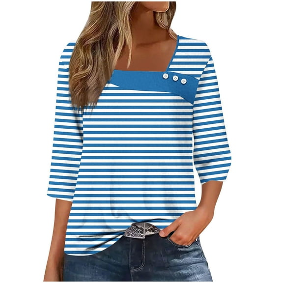 CLOISE 3/4 Zip Pullover Womens Plus Size V Neck Tops Button Graphic 3/4 Sleeve Shirt Cute Fall Winter Clothes Blue 2XL