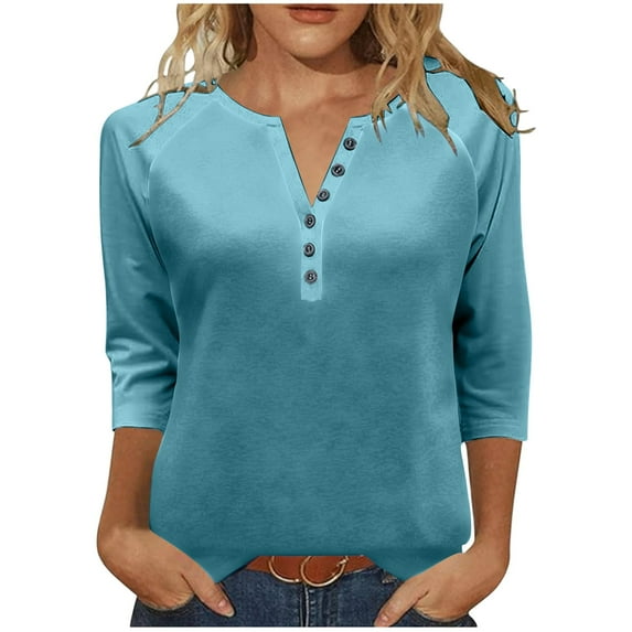 CLOISE 3/4 Zip Pullover Womens Plus Size V Neck Tops Button Solid Color 3/4 Sleeve Shirt Casual Fall Winter Clothes Blue