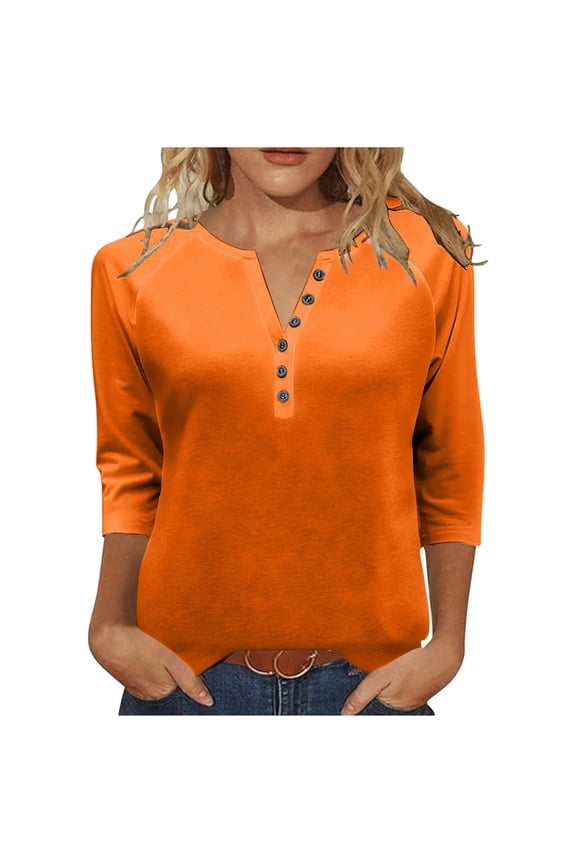 3/4 Zip Pullover Womens Plus Size V Neck Tops Button Solid Color 3/4 Sleeve Shirt Casual Fall Winter Clothes
