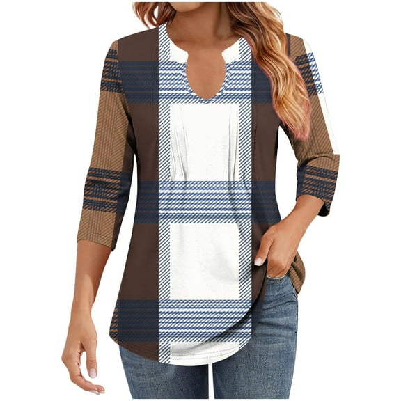 CLOISE 3/4 Zip Pullover Womens V Neck Tops Plaid 3/4 Sleeve Shirt Casual Fall Winter Clothes Brown L