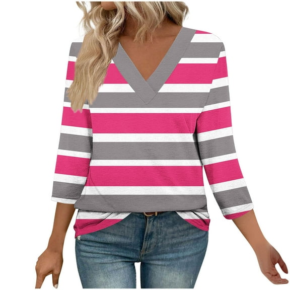 CLOISE 3/4 Zip Pullover Womens V Neck Tops Striped 3/4 Sleeve Shirt Casual Fall Winter Clothes Hot Pink S