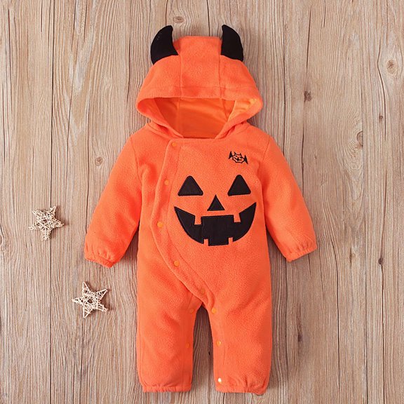 CLOISE Baby Romper Long Sleeve with Ears Hoodie Halloween Button Long Sleeve Pumpkin Shaped Bodysuit Orange 0-6 Months