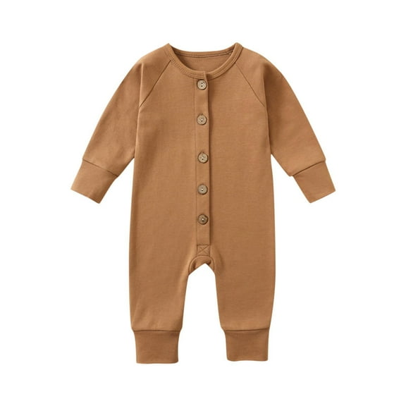 CLOISE Baby Romper Pajamas Cotton Button Long Sleeve Solid Bodysuit Brown 3-18 Months