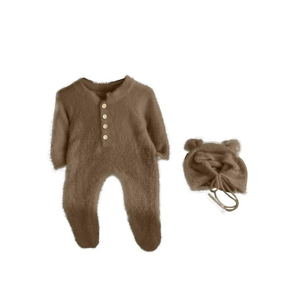 CLOISE Baby Romper Pajamas with Hat Fleece Cotton Button Long Sleeve Shaped Solid Bodysuit Brown 3 Months
