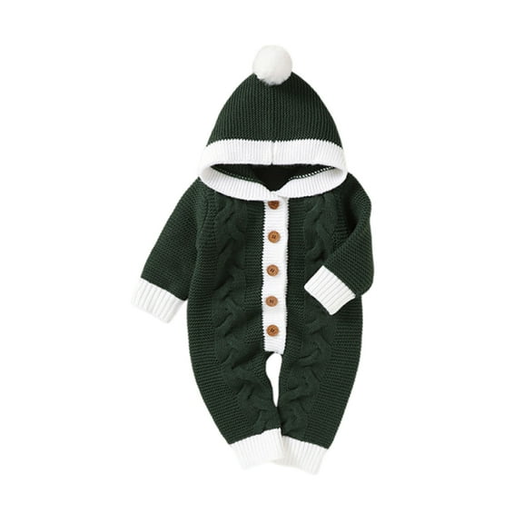CLOISE Baby Rompers Boys Winter with Hoodie Button Long Sleeve Solid Bodysuit Green 0 Months