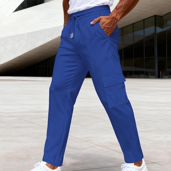 CLOISE Baggy Cargo Pants Men with Pockets Big and Tall Drawstring Mid Waist Straight Leg Long Pants Elastic Waist Solid Vacation Outfits Blue M