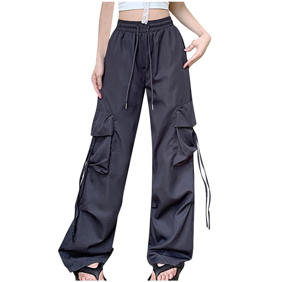 CLOISE Baggy Cargo Pants Women Plus Size High Waist Trousers Wide Leg Drawstring Solid Bottoms Casual Clothes with Pockets