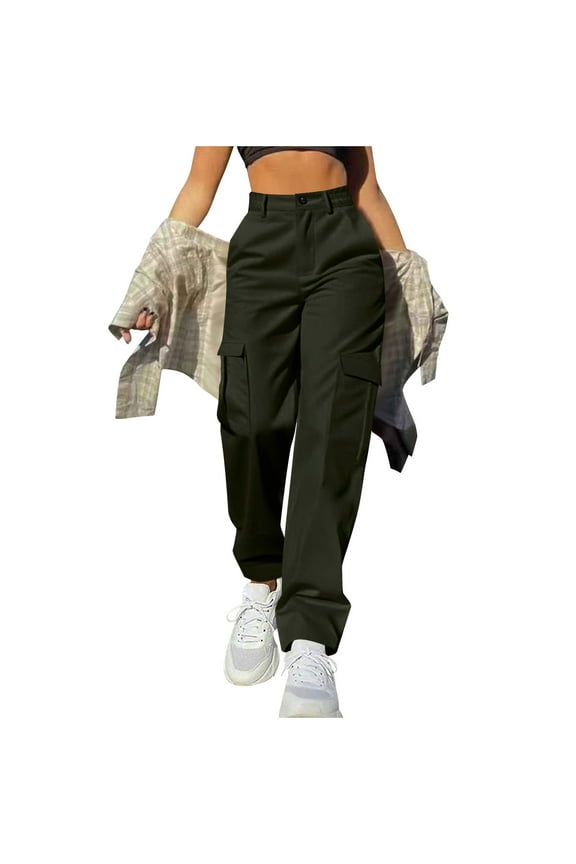 Baggy Cargo Pants Women Plus Size Trousers Straight Leg Pants Solid Button Bottoms Casual Clothes with Pockets