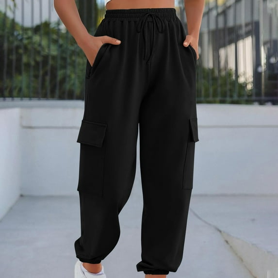 CLOISE Baggy Sweatpants for Women Baggy Jogger Cargo Pants Cozy Petite Tall Elastic Bottom Pants Black Running Elastic Waist Drawstring Solid Sweatpants with Pockets Trendy Basic Long Trousers