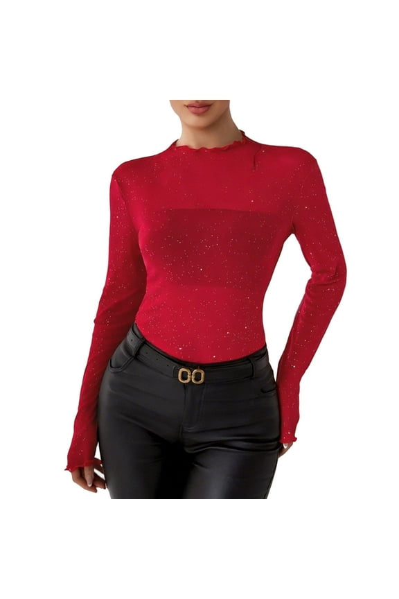 Basic Tops for Women Crew Neck Shirt Solid Color Long Sleeve Pullover Casual Fall Winter Clothes Red L