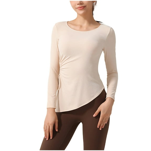 CLOISE Basic Tops for Women Crew Neck Shirt Solid Color Long Sleeve Pullover Casual Outfits Clothes Yellow XL