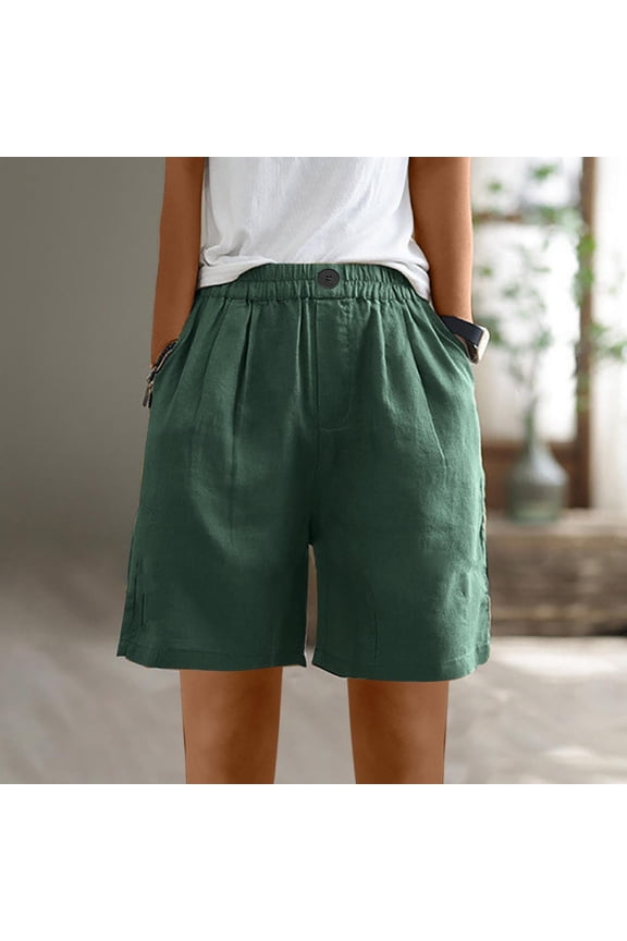 Bermuda Shorts for Women with Pockets Green L Summer Trendy Casual Loose Shorts Solid Elastic Waisted with Button Flowy Comfy Shorts