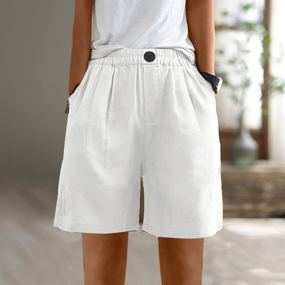 CLOISE Bermuda Shorts for Women with Pockets White XL Summer Trendy Casual Loose Shorts Solid Elastic Waisted with Button Flowy Comfy Shorts