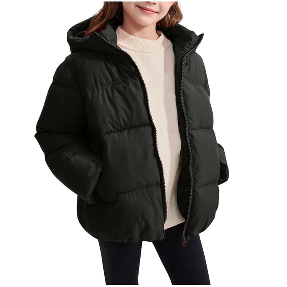 CLOISE Black Kids Puffer Jacket Girls with Hood Short Pockets Winter Coats 2-12T
