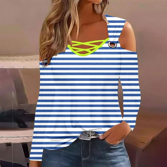 CLOISE Blouses for Women Fall Cute Striped Tops Crew Neck Long Sleeve Cold Shoulder Shirts Tunic Hollow Color Block Blouses Elegant Clothes Blue M