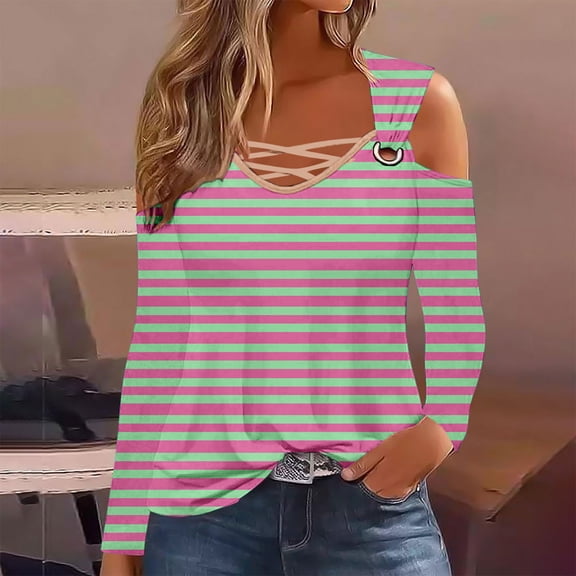 CLOISE Blouses for Women Fall Trendy Striped Tops Crew Neck Long Sleeve Cold Shoulder Shirts Loose Hollow Color Block Blouses Y2k Outfits Hot Pink S