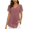 thumbnail image 1 of CLOISE Blouses for Women Dressy Casual Short Sleeve Tee Summer Loose Shirts Fashion Elegant Breathable V Neck Tops Solid Comfortable Pleated T Shirts Hot Pink L, 1 of 6