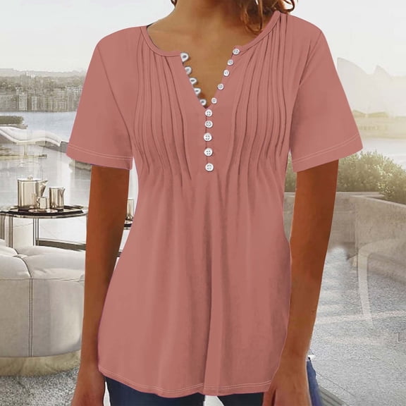CLOISE Blouses for Women Dressy Casual Short Sleeve Tee Summer V Neck Loose Shirts Fashion Elegant Breathable Solid Tops Quick Drying Tunic with Buttons Pleated T Shirts Khaki 3XL