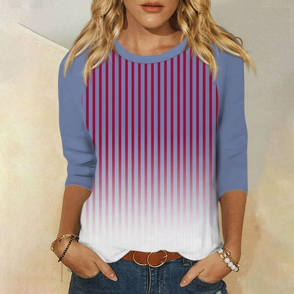 CLOISE Blouses for Women Fall Fashion Striped Tops Scoop Neck 3/4 Sleeve Shirts Comfy Colorblock Basic Blouses Y2k Outfits Purple M