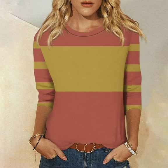 CLOISE Blouses for Women Fall Fashion Striped Tops Scoop Neck 3/4 Sleeve Shirts Comfy Colorblock Basic Blouses Y2k Outfits Watermelon Red S