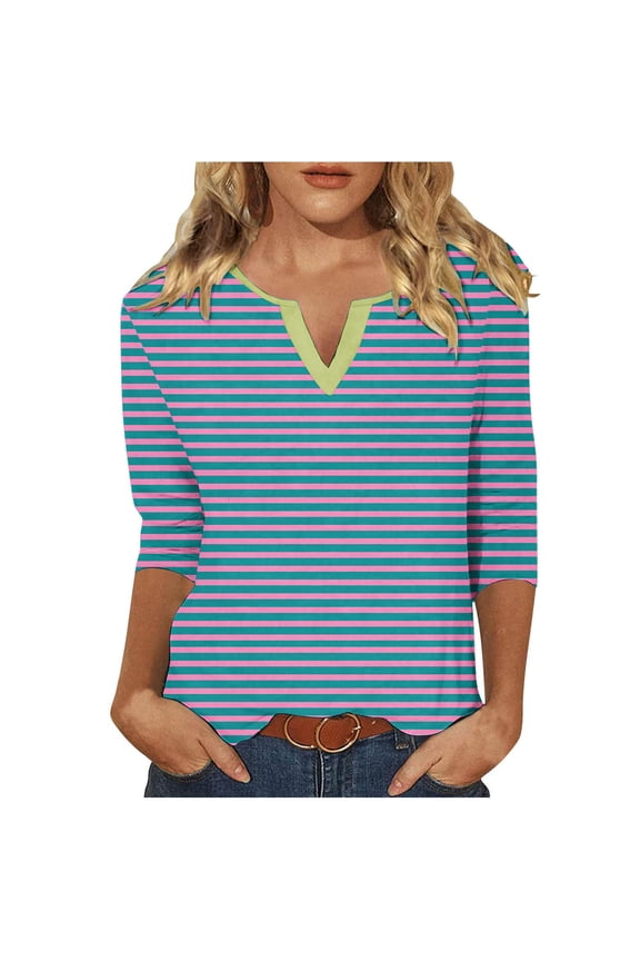 Blouses for Women Fall Fashion Striped Tops V-Neck 3/4 Sleeve Shirts Comfy Color Block Basic Blouses Y2k Outfits Blue M