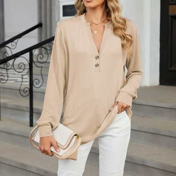 CLOISE Blouses for Women Fall Fashion Striped Tops V Neck Long Sleeve Shirts Comfy Button Up Basic Blouses Y2k Outfits Beige M