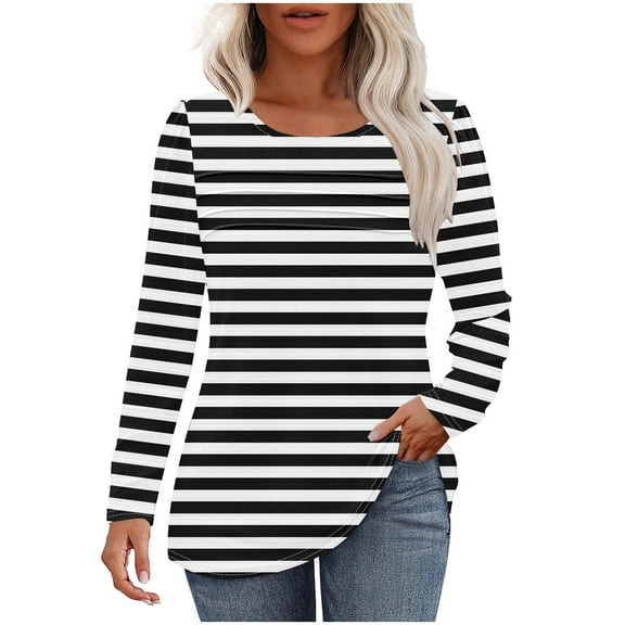 CLOISE Blouses for Women Fall Trendy Striped Tops Crewneck Long Sleeve Shirts Loose Pleated Color Block Basic Blouses Y2k Outfits Black 2XL