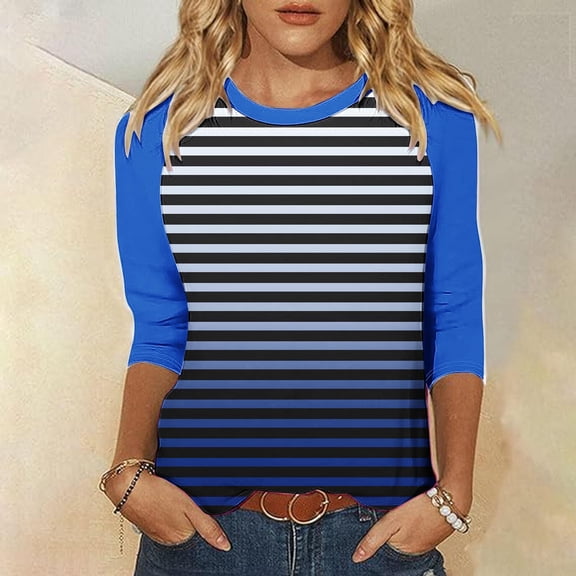 CLOISE Blouses for Women Fall Trendy Striped Tops Round Neck 3/4 Sleeve Shirts Loose Color Block Basic Blouses Y2k Outfits Blue M
