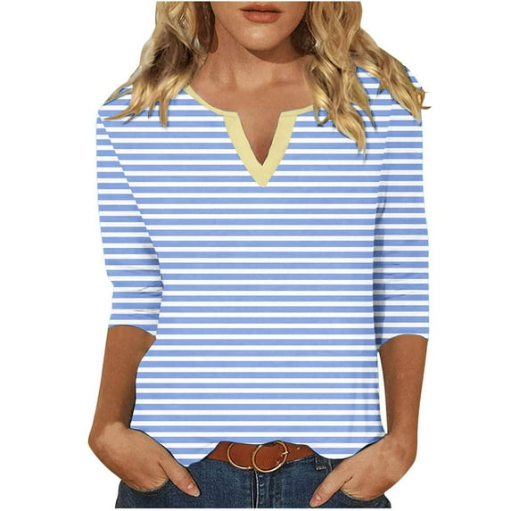 CLOISE Blouses for Women Fall Trendy Striped Tops V-Neck 3/4 Sleeve Shirts Loose Color Block Basic Blouses Y2k Outfits Light Blue L