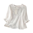 thumbnail image 1 of CLOISE Blouses for Women Crew Neck Shirt Button Graphic Short Sleeve Pullover Embroidery Cute Vacation Clothes White M, 1 of 8