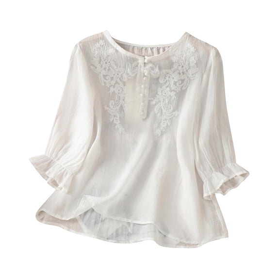 CLOISE Blouses for Women Crew Neck Shirt Button Graphic Short Sleeve Pullover Embroidery Cute Vacation Clothes White M
