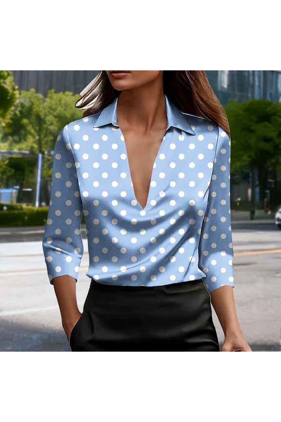 Blouses for Women Plus Size Summer 3/4 Sleeve Plus Size Tops Collared Elegant Pullover Satin Print T Shirts Light Blue
