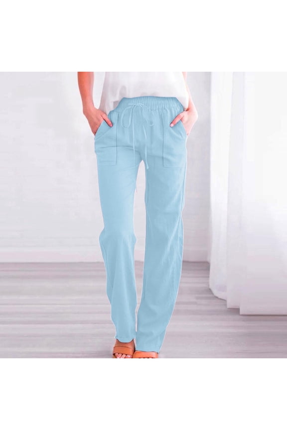 Blue Pants for Women with Pockets Drawstring Elastic Waist Cotton Linen Solid Summer Pants