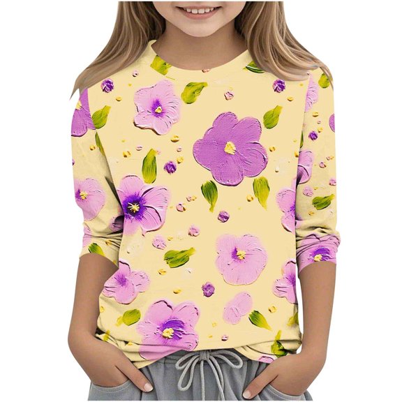 CLOISE Boys 3/4 Sleeve Shirts Girls Youth Crew Neck Tops Floral Casual Fashion Fall Winter Clothes Multicolor 110