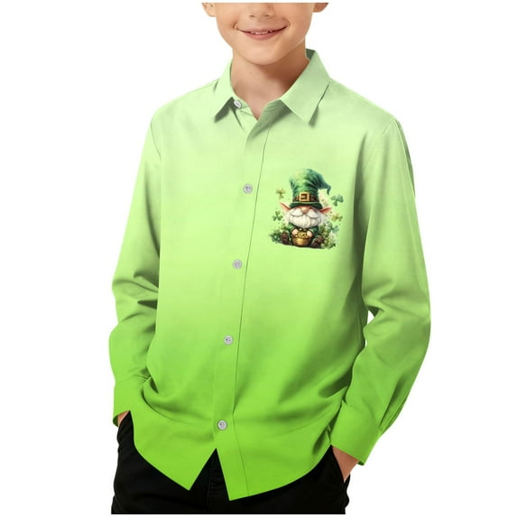 CLOISE Boys Girls Button down Shirt St Patricks Day Long Sleeve School Uniform with Collar Gradient Tops Slim Lightweight Going Out Clothes
