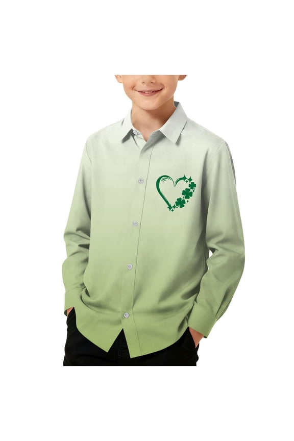 Boys Girls Button down Shirt St Patricks Day Long Sleeve School Uniform with Collar Gradient Tops Slim Lightweight Going Out Clothes