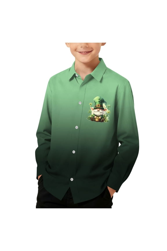 Boys Girls Button down Shirt St Patricks Day Long Sleeve School Uniform with Collar Gradient Tops Slim Lightweight Going Out Clothes