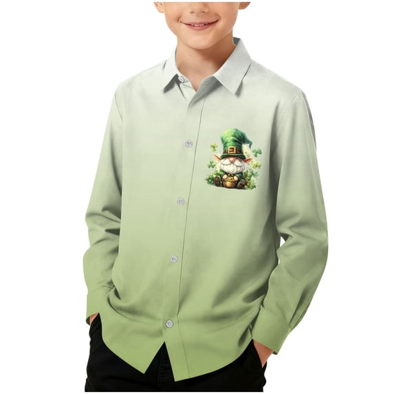CLOISE Boys Girls Button down Shirt St Patricks Day Long Sleeve School Uniform with Collar Gradient Tops Slim Lightweight Going Out Clothes