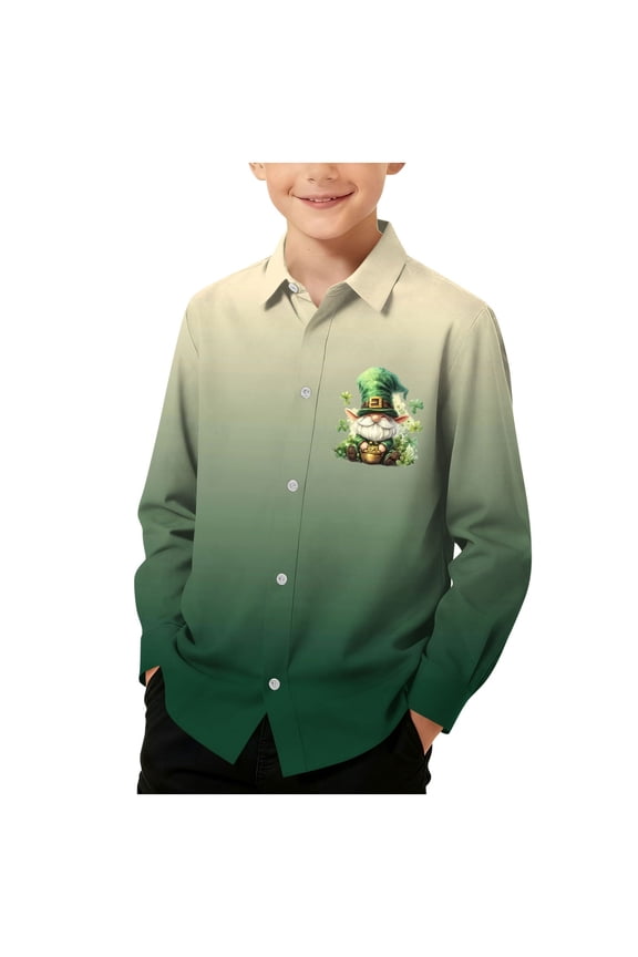 Boys Girls Button down Shirt St Patricks Day Long Sleeve School Uniform with Collar Gradient Tops Slim Lightweight Going Out Clothes