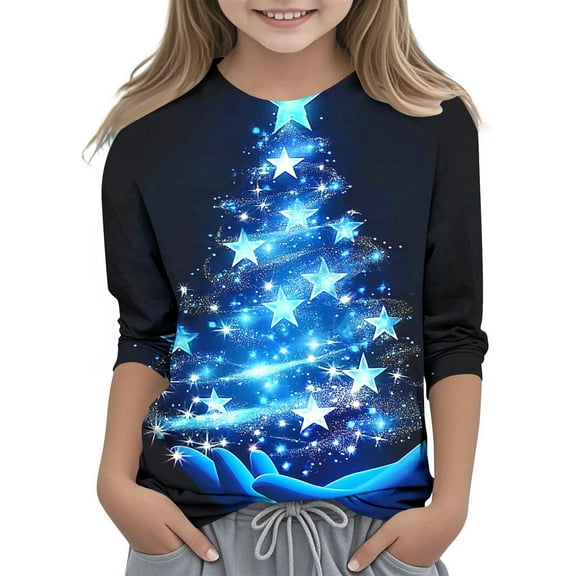 CLOISE Boys Girls Kids 3/4 Sleeve Tops Christmas Crew Neck Shirt Christmas Tree Graphic Pullover Cute Fall Outfits