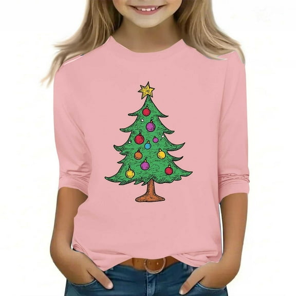 CLOISE Boys Girls Kids 3/4 Sleeve Tops Christmas Crew Neck Shirt Christmas Tree Graphic Pullover Fall Winter Clothes